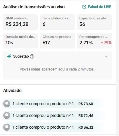 Print mostrando a primeira venda 10 minutos após o início da live