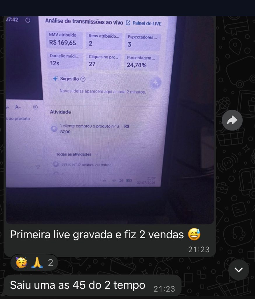 Print do TikTok Shop mostrando GMV de R$3 mil e 95 itens vendidos com o NITO operando