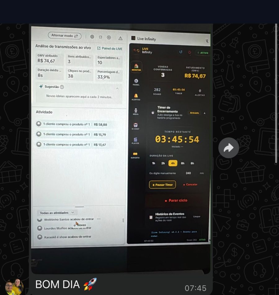 Print da primeira live gravada com 2 vendas confirmadas, R$169,65